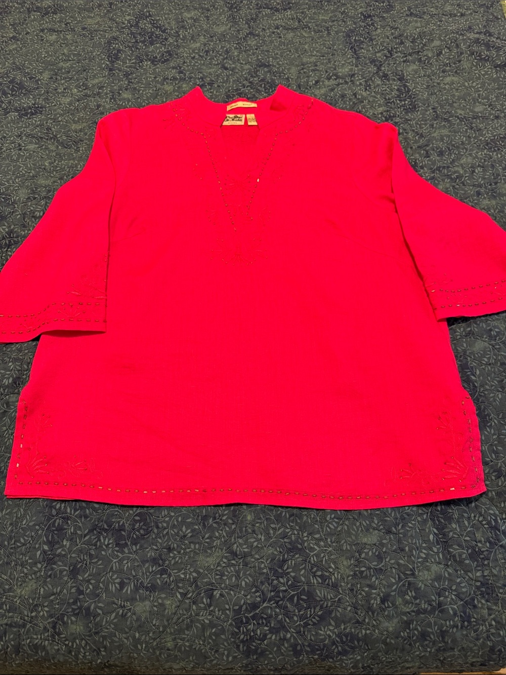 edward Women Dark Pink Linen Blouse with Embroidery & Bead Accents. 1X